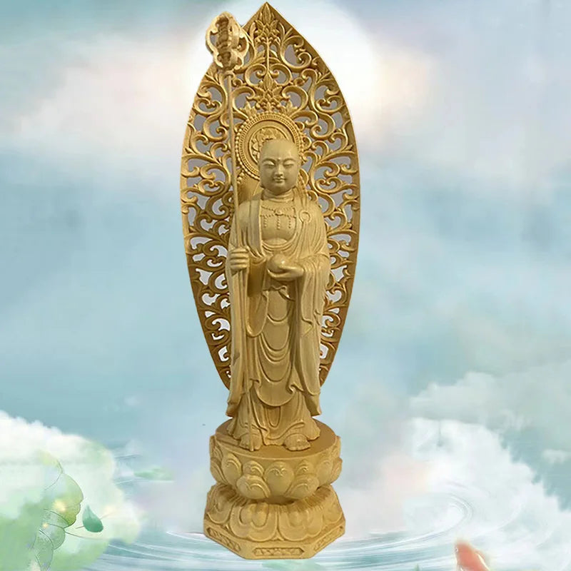 Natural Solid Wood Ksitigarbha Bodhisattva Statue Chinese Buddha Statues Home Room Office Feng Shui DecorationFigure Statue 11in