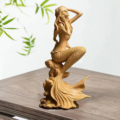 Natural Solid Wood Mermaid Figure Statue, Fantasy Figures Hand-Carved Lovely Home Room Office Decoration Statue 5.89 in