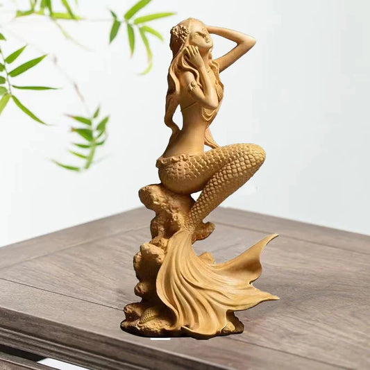 Natural Solid Wood Mermaid Figure Statue, Fantasy Figures Hand-Carved Lovely Home Room Office Decoration Statue 5.89 in