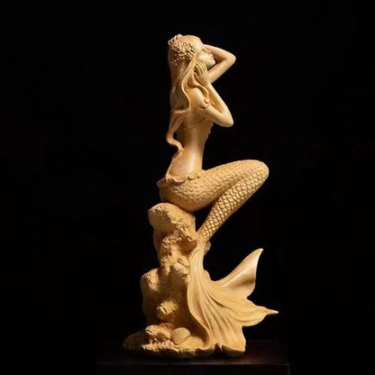 Natural Solid Wood Mermaid Figure Statue, Fantasy Figures Hand-Carved Lovely Home Room Office Decoration Statue 5.89 in