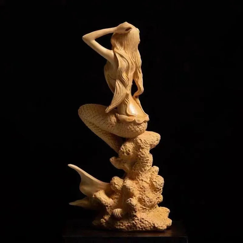 Natural Solid Wood Mermaid Figure Statue, Fantasy Figures Hand-Carved Lovely Home Room Office Decoration Statue 5.89 in