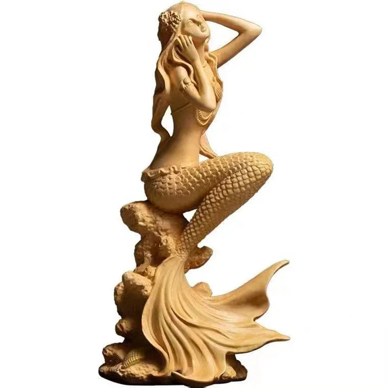 Natural Solid Wood Mermaid Figure Statue, Fantasy Figures Hand-Carved Lovely Home Room Office Decoration Statue 5.89 in