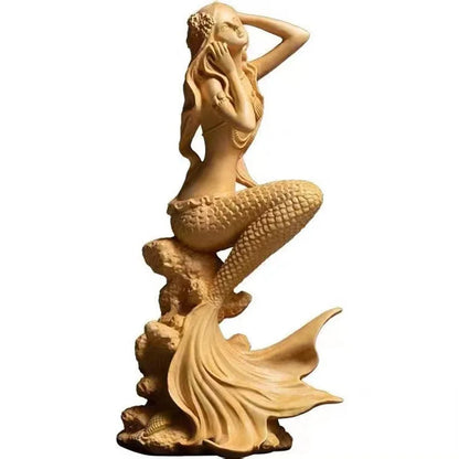 Natural Solid Wood Mermaid Figure Statue, Fantasy Figures Hand-Carved Lovely Home Room Office Decoration Statue 5.89 in