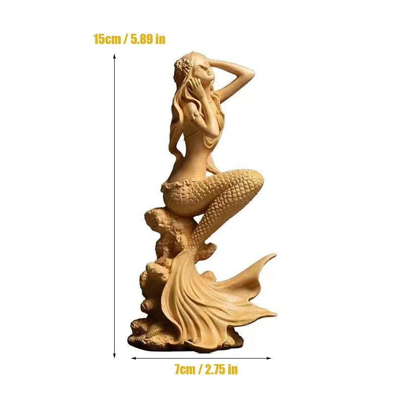 Natural Solid Wood Mermaid Figure Statue, Fantasy Figures Hand-Carved Lovely Home Room Office Decoration Statue 5.89 in