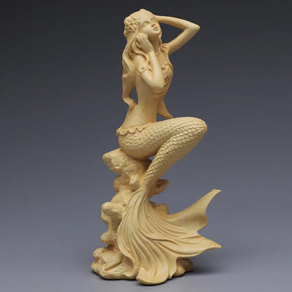 Natural Solid Wood Mermaid Figure Statue, Fantasy Figures Hand-Carved Lovely Home Room Office Decoration Statue 5.89 in