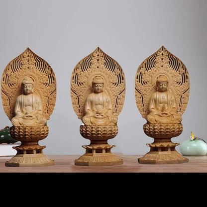 Natural Solid Wood  Sakyamuni Buddha Figure Statue Primary Color Mu Hand-carved Home Room Office Feng Shui Statue11in