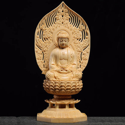 Natural Solid Wood  Sakyamuni Buddha Figure Statue Primary Color Mu Hand-carved Home Room Office Feng Shui Statue11in