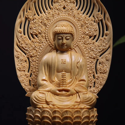 Natural Solid Wood  Sakyamuni Buddha Figure Statue Primary Color Mu Hand-carved Home Room Office Feng Shui Statue11in