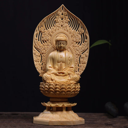 Natural Solid Wood  Sakyamuni Buddha Figure Statue Primary Color Mu Hand-carved Home Room Office Feng Shui Statue11in