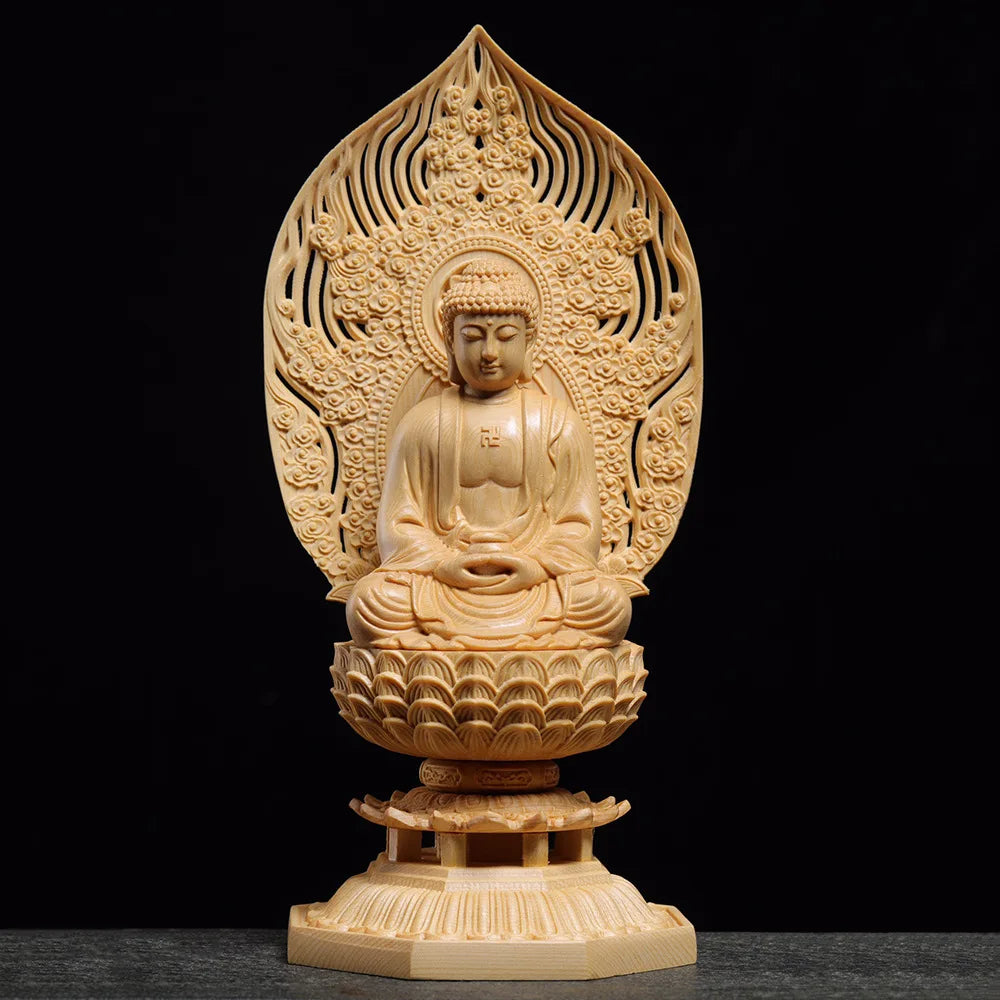 Natural Solid Wood  Sakyamuni Buddha Figure Statue Primary Color Mu Hand-carved Home Room Office Feng Shui Statue11in