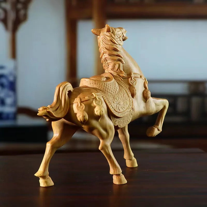 Natural Solid wood Creative Horse Animals Statue Zodiac Horses  Home Room Office Feng Shui Gathering Wealth Decoration Statue