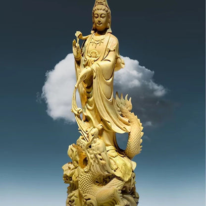 Natural Wood Dragon Guanyin Buddha Statue, Traditional Hand-carved  Chinese Buddhist Figures Home Living Room Feng Shui Statue