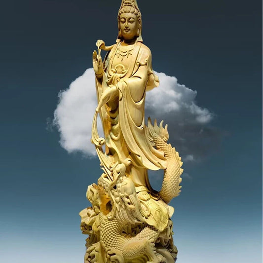 Natural Wood Dragon Guanyin Buddha Statue, Traditional Hand-carved  Chinese Buddhist Figures Home Living Room Feng Shui Statue