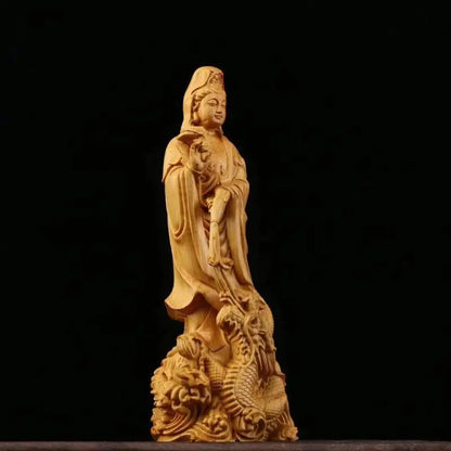 Natural Wood Dragon Guanyin Buddha Statue, Traditional Hand-carved  Chinese Buddhist Figures Home Living Room Feng Shui Statue