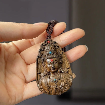 Natural fidelity wood wood carving Guanyin Bodhisattva Buddha brand male high-grade Guanyin necklace pendant pendant female
