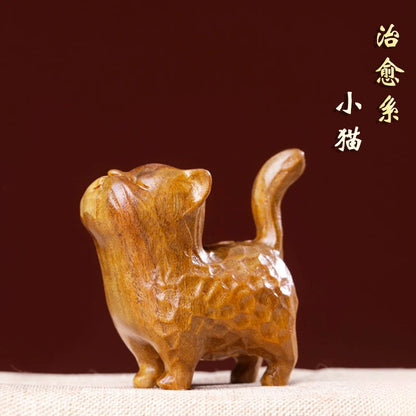 Natural green sandalwood, purple sandalwood, cute cat, solid wood carving, stationery, handle, tabletop decoration, ornament