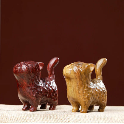 Natural green sandalwood, purple sandalwood, cute cat, solid wood carving, stationery, handle, tabletop decoration, ornament