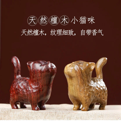 Natural green sandalwood, purple sandalwood, cute cat, solid wood carving, stationery, handle, tabletop decoration, ornament