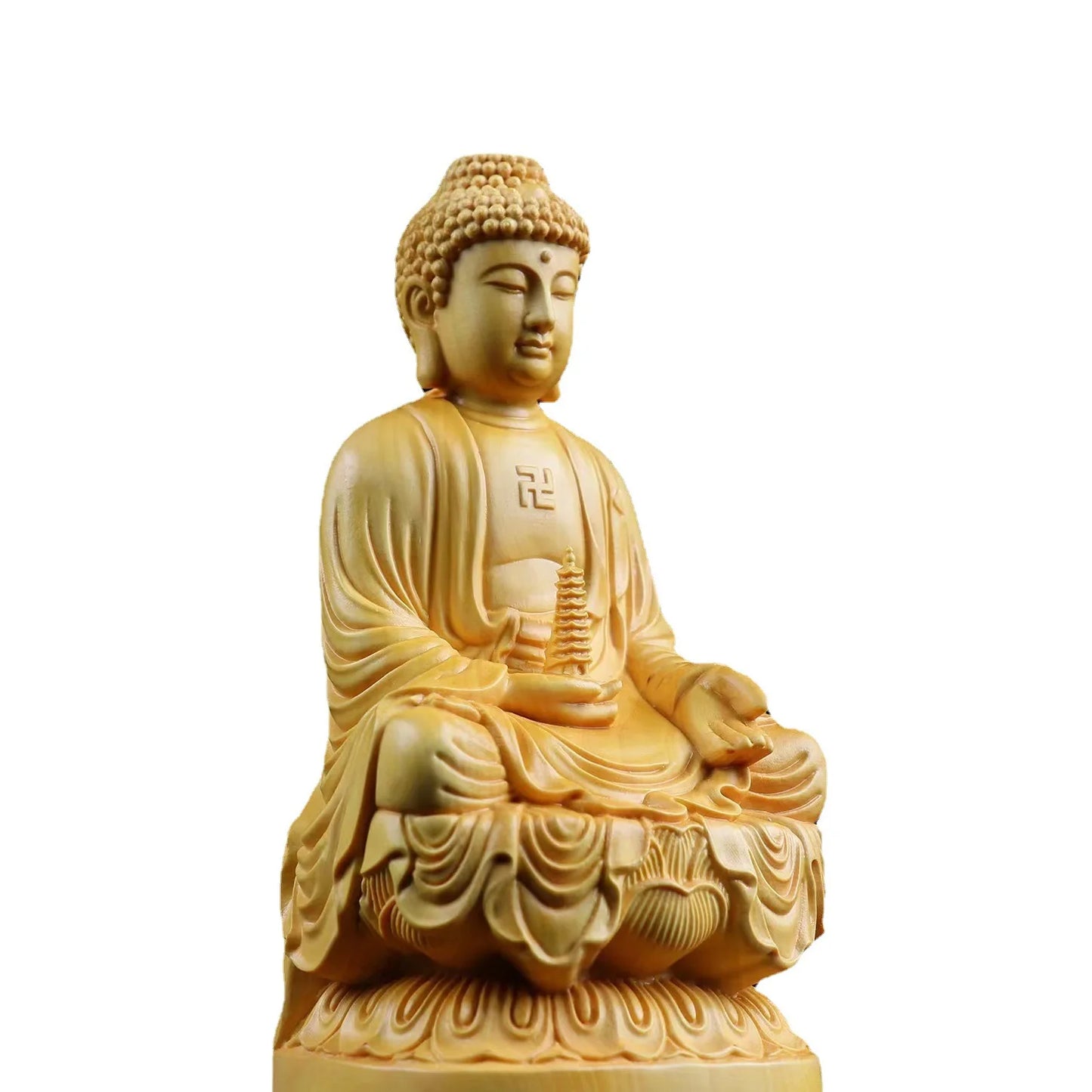 Natural solid wood carving Sakyamuni Buddha Figure Statue ，Boxwood Carved Buddha Statues Home Room Office Feng Shui  Statue