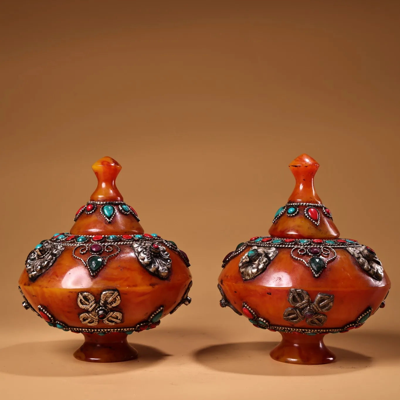 Nepalese Tibetan Crafts Inlaid Gemstones Beeswax Jar Pot Decoration A Pair