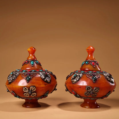 Nepalese Tibetan Crafts Inlaid Gemstones Beeswax Jar Pot Decoration A Pair
