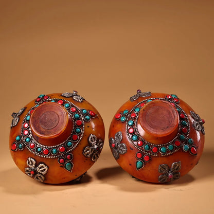Nepalese Tibetan Crafts Inlaid Gemstones Beeswax Jar Pot Decoration A Pair