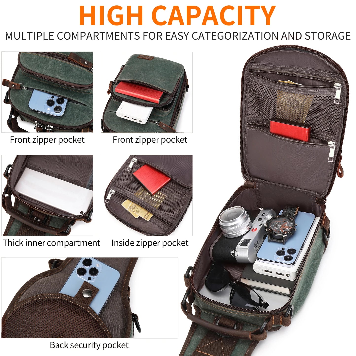 Nerlion Sling Backpack Chest Sling Bag for Men Waxed Canvas Crossbody Bag Water Resistant Shoulder Bag Casual Daypack