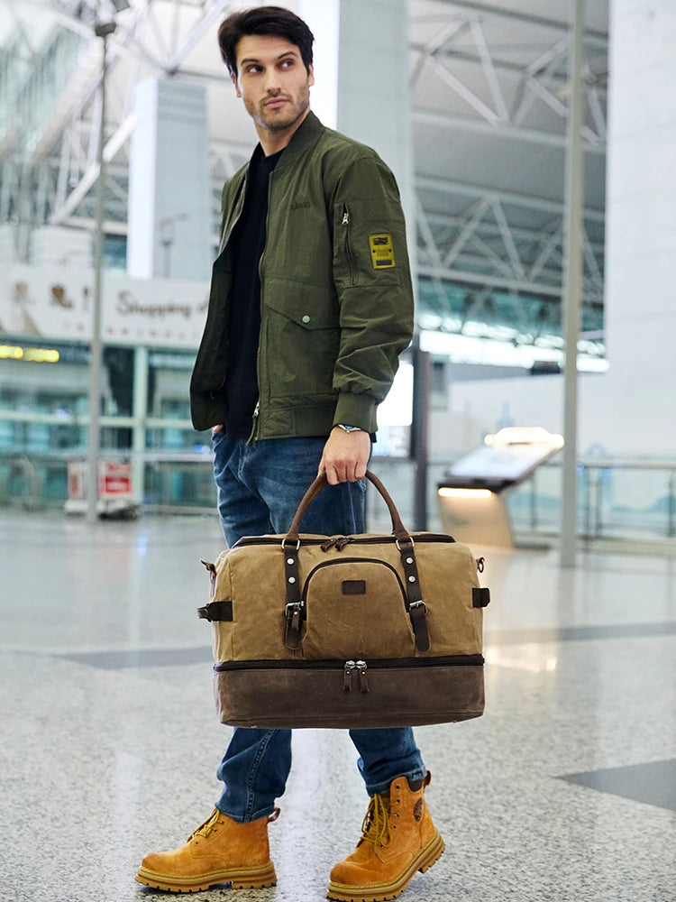 Nerlion Weekender Travel Bag Canvas Carry on Duffel Luggage Bag with Separate Shoe Compartment Overnight Bag for Men Women