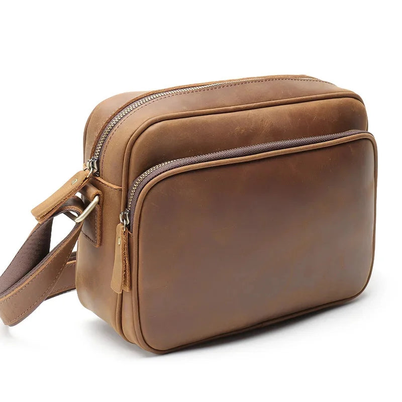 New 100% Cowhide Men's Crazy Horse leather shoulder 10.2" Casual large-capacity messenger Crossbody Bag Handbags