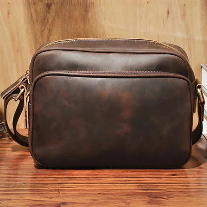 New 100% Cowhide Men's Crazy Horse leather shoulder 10.2" Casual large-capacity messenger Crossbody Bag Handbags