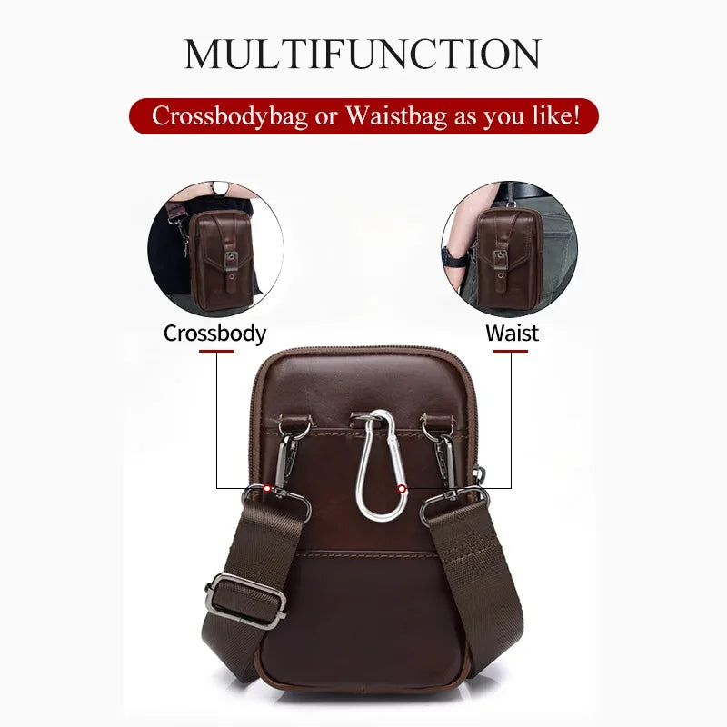 New 100% Genuine Leather Male Pack Phone Pouch s Waist Men's Small chest Shoulder Belt Bag Hook fanny pack