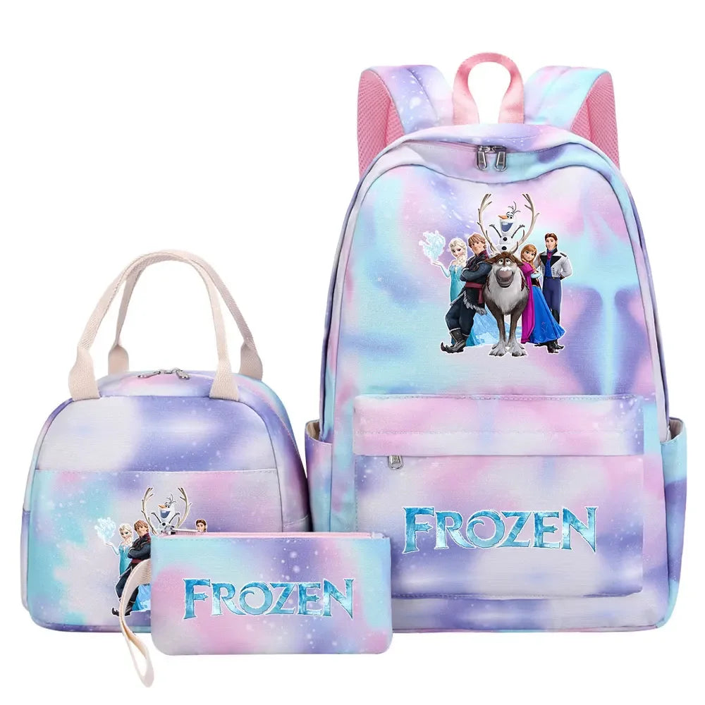 New Alsa Anna Princess Girls Kids Pen Lunch Bags Bookbags 3 Pcs Women Teenagers Schoolbags Travel Laptop Rainbow Backpack