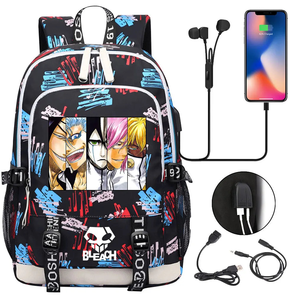New Anime Bleach Teenager USB Laptop Backpack Kids Boys Girls School Book Bags Schoolbags Women Men Travel Bagpack