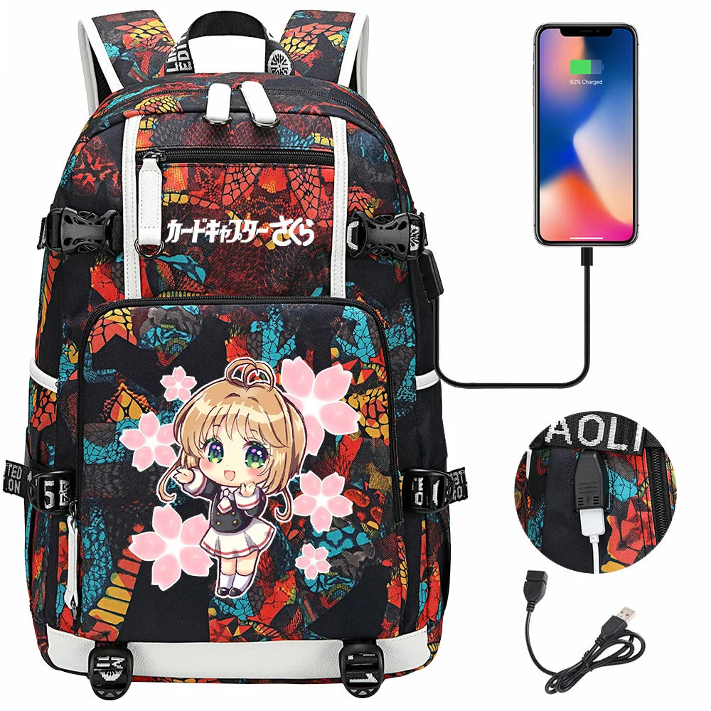 New Anime Cardcaptors USB Large Capacity Teenagers Schoolbags Women Men Laptop Travel Backpack Girls Boys Kids School Book Bags