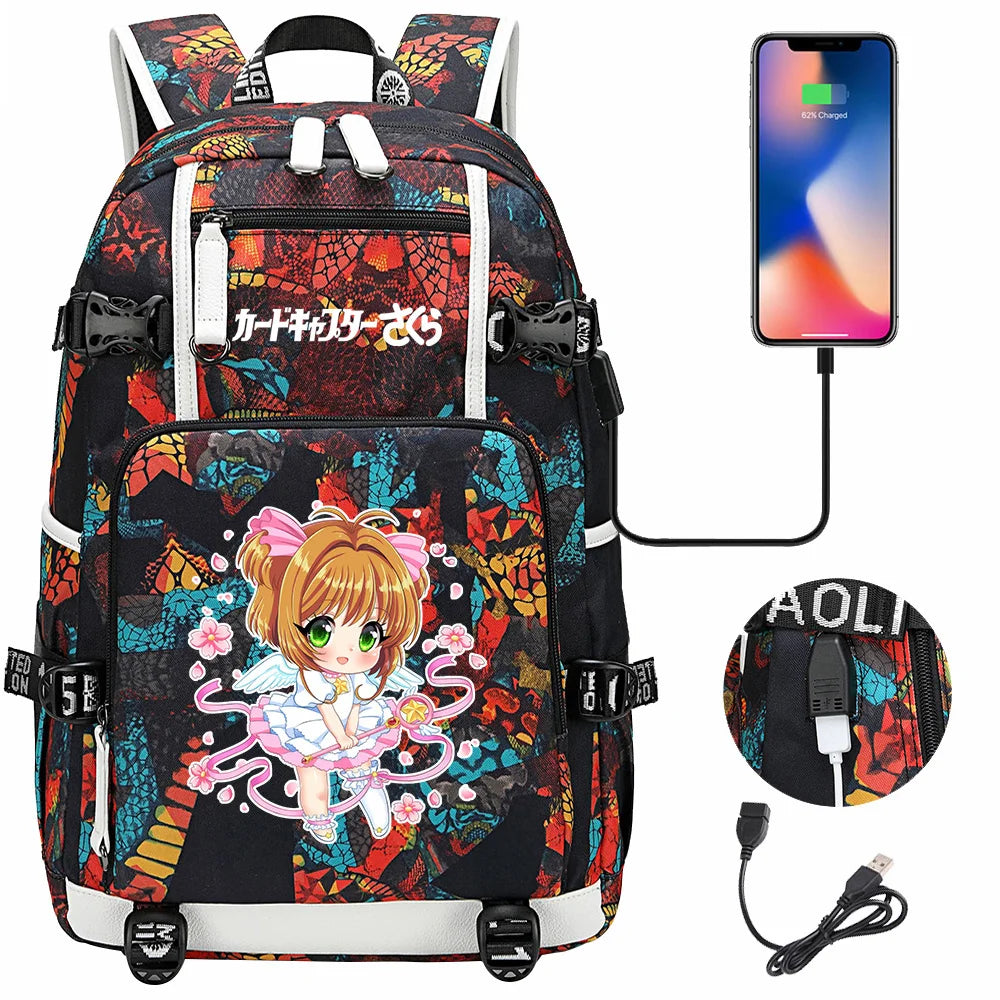 New Anime Cardcaptors USB Large Capacity Teenagers Schoolbags Women Men Laptop Travel Backpack Girls Boys Kids School Book Bags