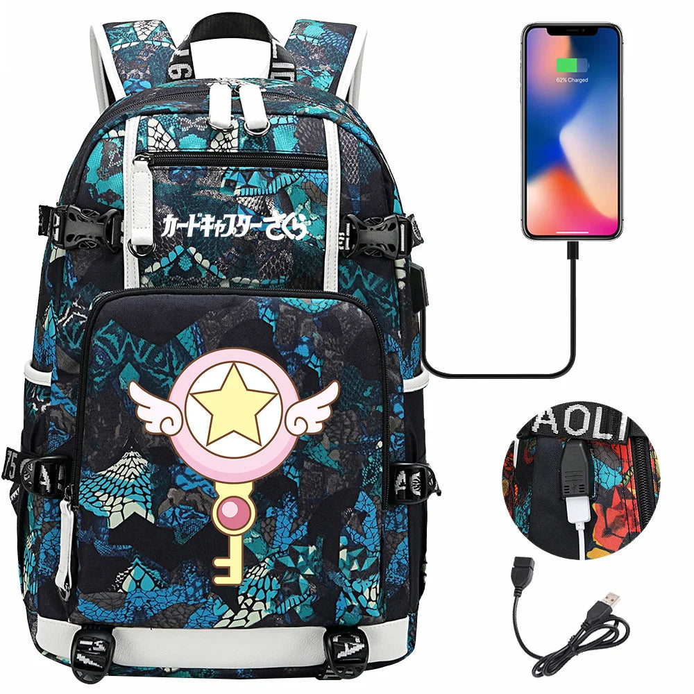 New Anime Cardcaptors USB Large Capacity Teenagers Schoolbags Women Men Laptop Travel Backpack Girls Boys Kids School Book Bags