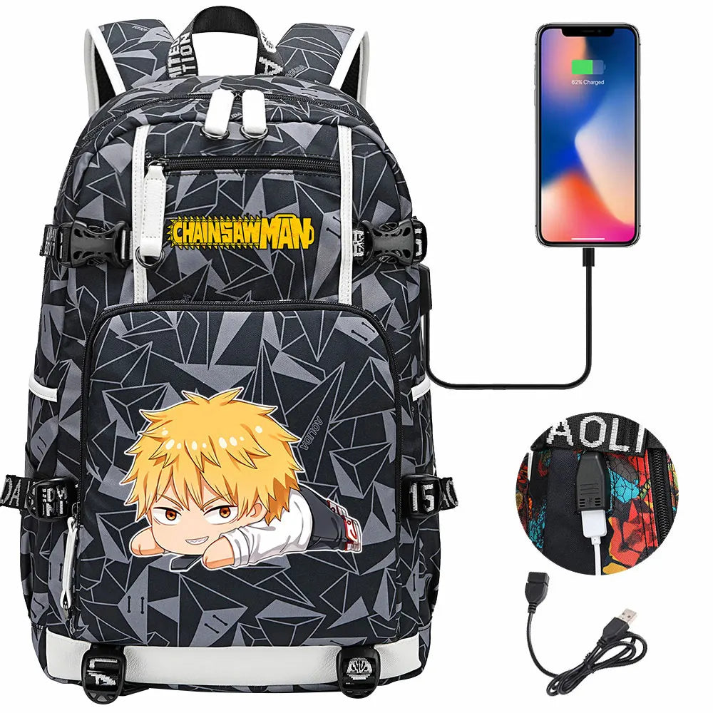 New Anime Chainsaw Man USB Large Capacity Teenagers Schoolbags Women Men Laptop Travel Backpack Girl Boys Kids School Book Bags