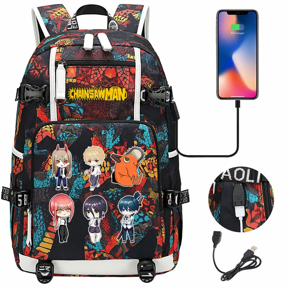 New Anime Chainsaw Man USB Large Capacity Teenagers Schoolbags Women Men Laptop Travel Backpack Girl Boys Kids School Book Bags