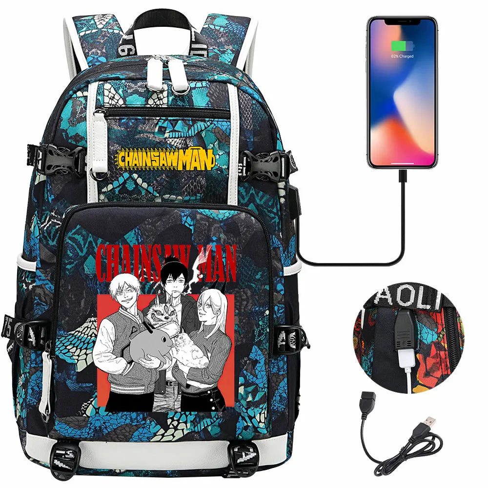 New Anime Chainsaw Man USB Large Capacity Teenagers Schoolbags Women Men Laptop Travel Backpack Girl Boys Kids School Book Bags