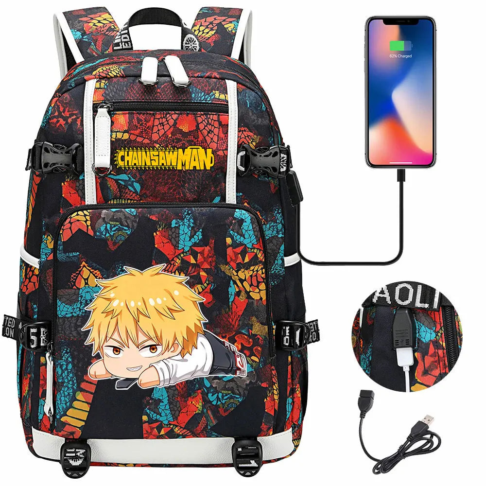 New Anime Chainsaw Man USB Large Capacity Teenagers Schoolbags Women Men Laptop Travel Backpack Girl Boys Kids School Book Bags