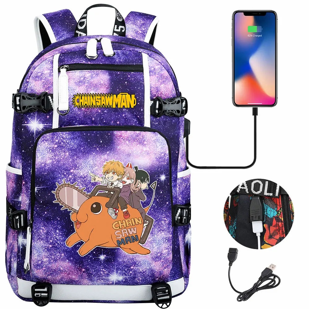 New Anime Chainsaw Man USB Large Capacity Teenagers Schoolbags Women Men Laptop Travel Backpack Girl Boys Kids School Book Bags