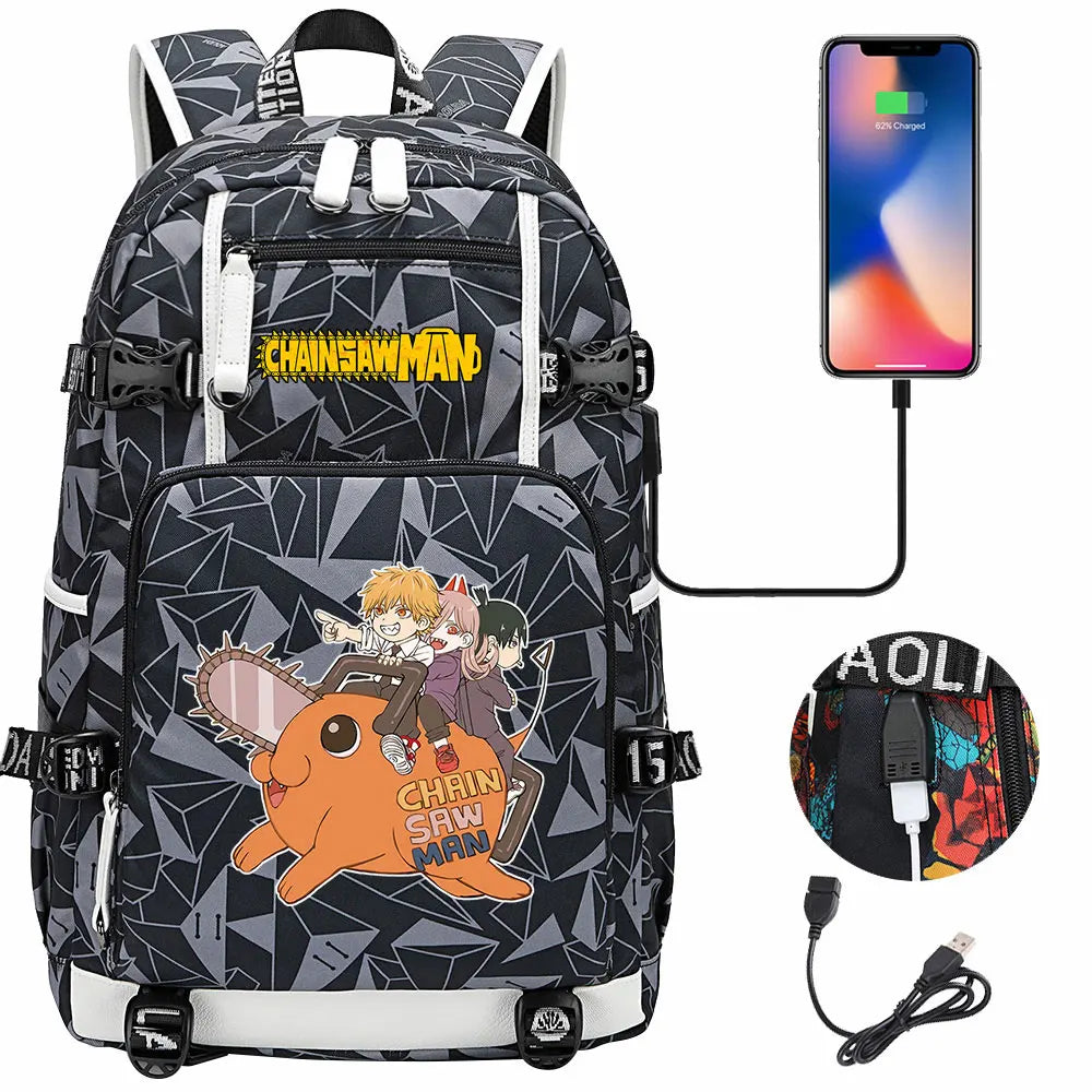 New Anime Chainsaw Man USB Large Capacity Teenagers Schoolbags Women Men Laptop Travel Backpack Girl Boys Kids School Book Bags