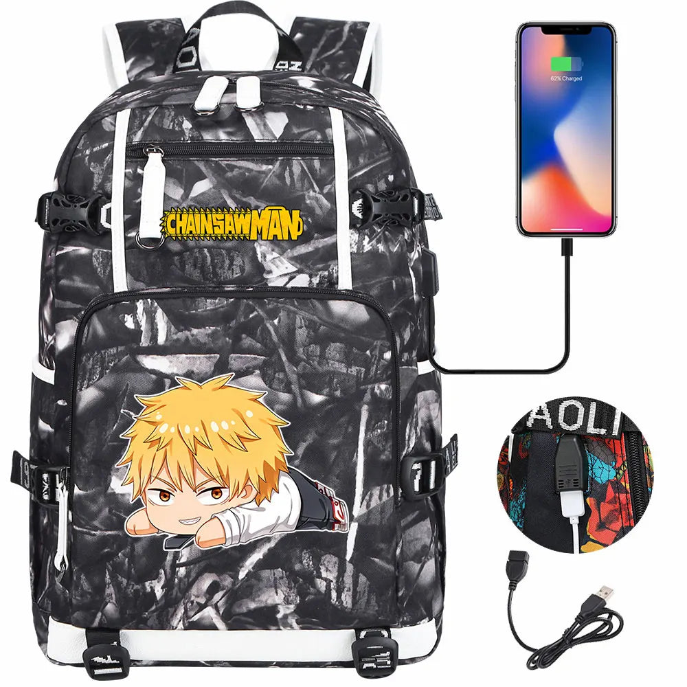 New Anime Chainsaw Man USB Large Capacity Teenagers Schoolbags Women Men Laptop Travel Backpack Girl Boys Kids School Book Bags