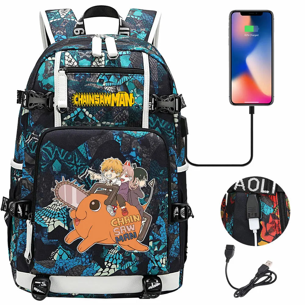 New Anime Chainsaw Man USB Large Capacity Teenagers Schoolbags Women Men Laptop Travel Backpack Girl Boys Kids School Book Bags