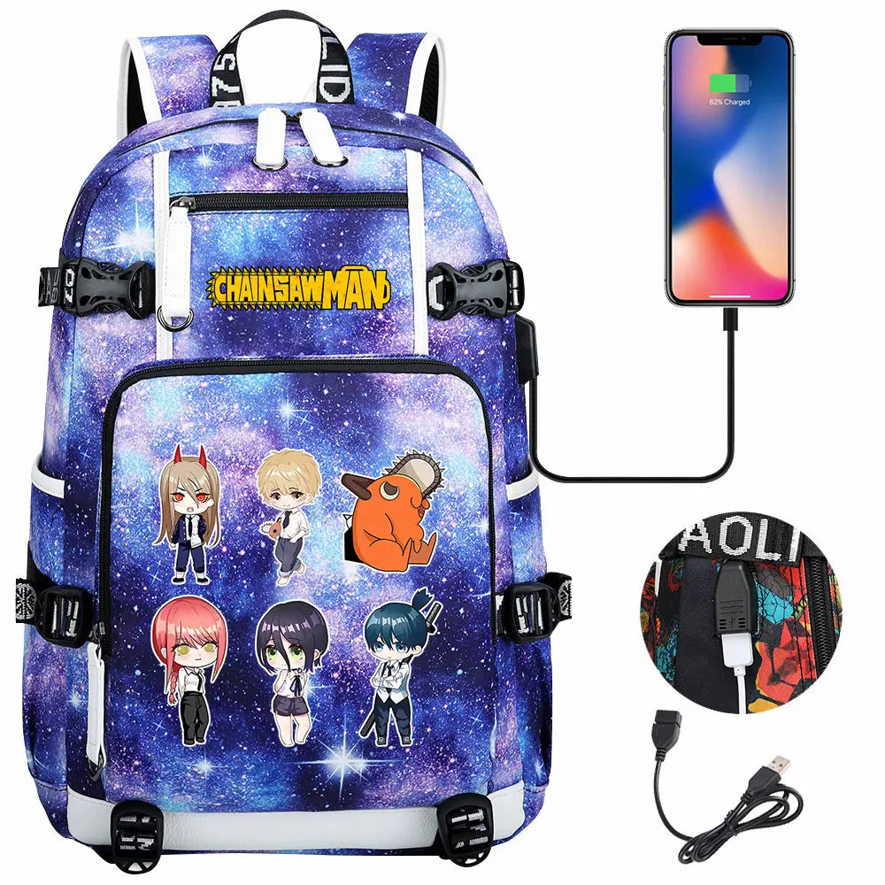 New Anime Chainsaw Man USB Large Capacity Teenagers Schoolbags Women Men Laptop Travel Backpack Girl Boys Kids School Book Bags