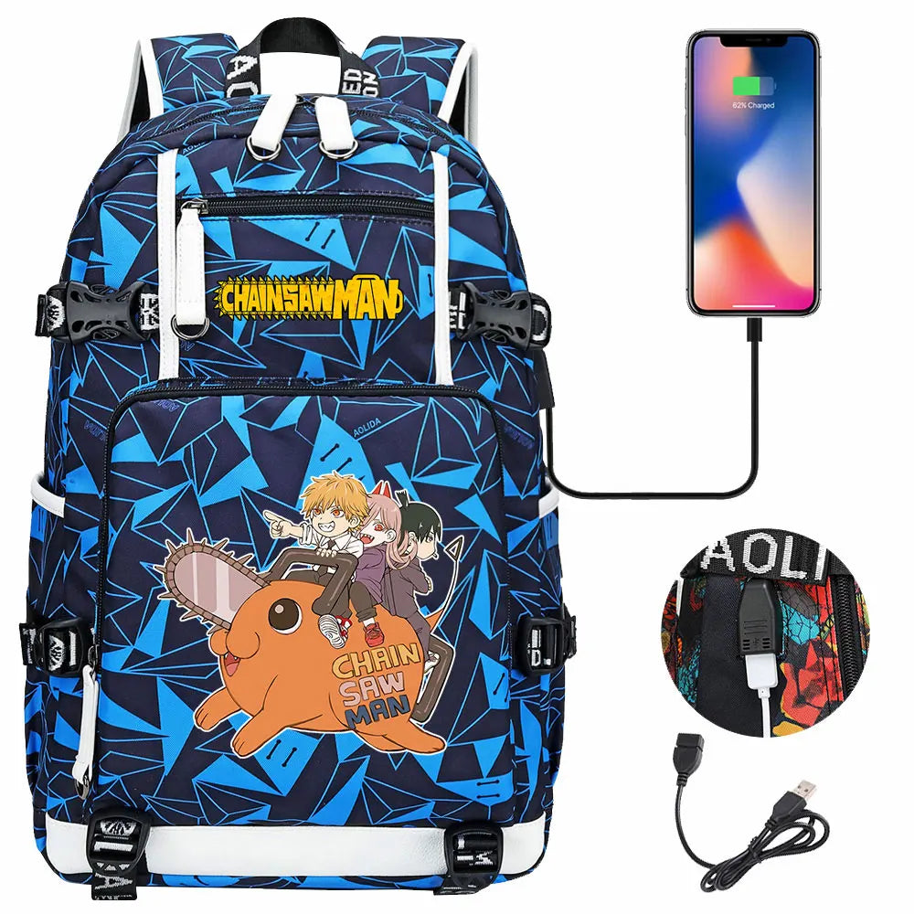 New Anime Chainsaw Man USB Large Capacity Teenagers Schoolbags Women Men Laptop Travel Backpack Girl Boys Kids School Book Bags