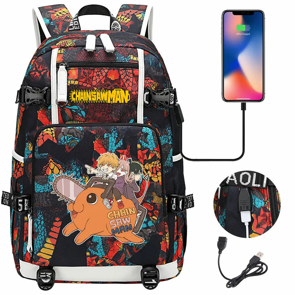 New Anime Chainsaw Man USB Large Capacity Teenagers Schoolbags Women Men Laptop Travel Backpack Girl Boys Kids School Book Bags