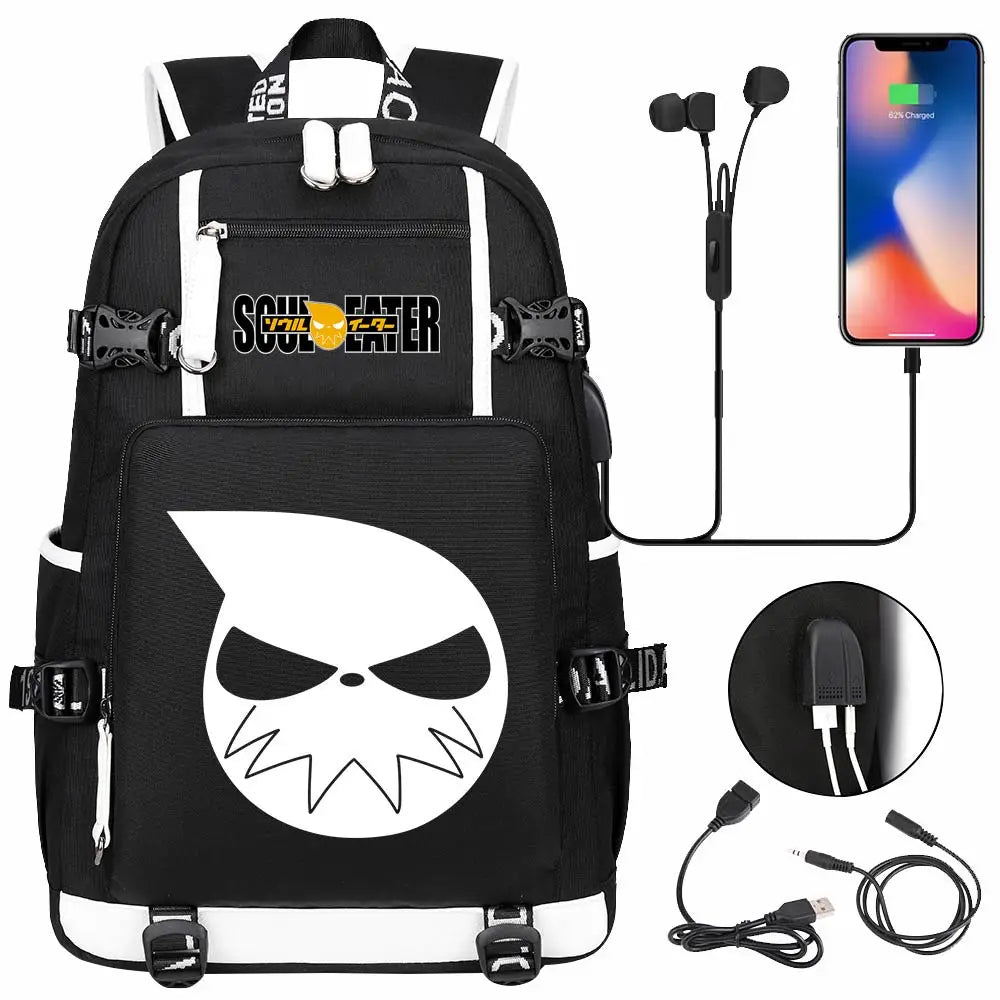 New Anime Soul Eater USB Boy Girl Book School Bags Large Capacity Teenagers Schoolbags Women Men Travel Laptop Backpack
