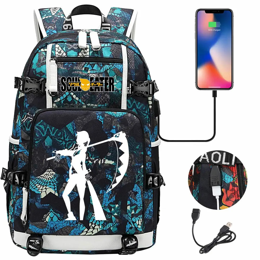New Anime Soul Eater USB Boy Girl Book School Bags Large Capacity Teenagers Schoolbags Women Men Travel Laptop Backpack