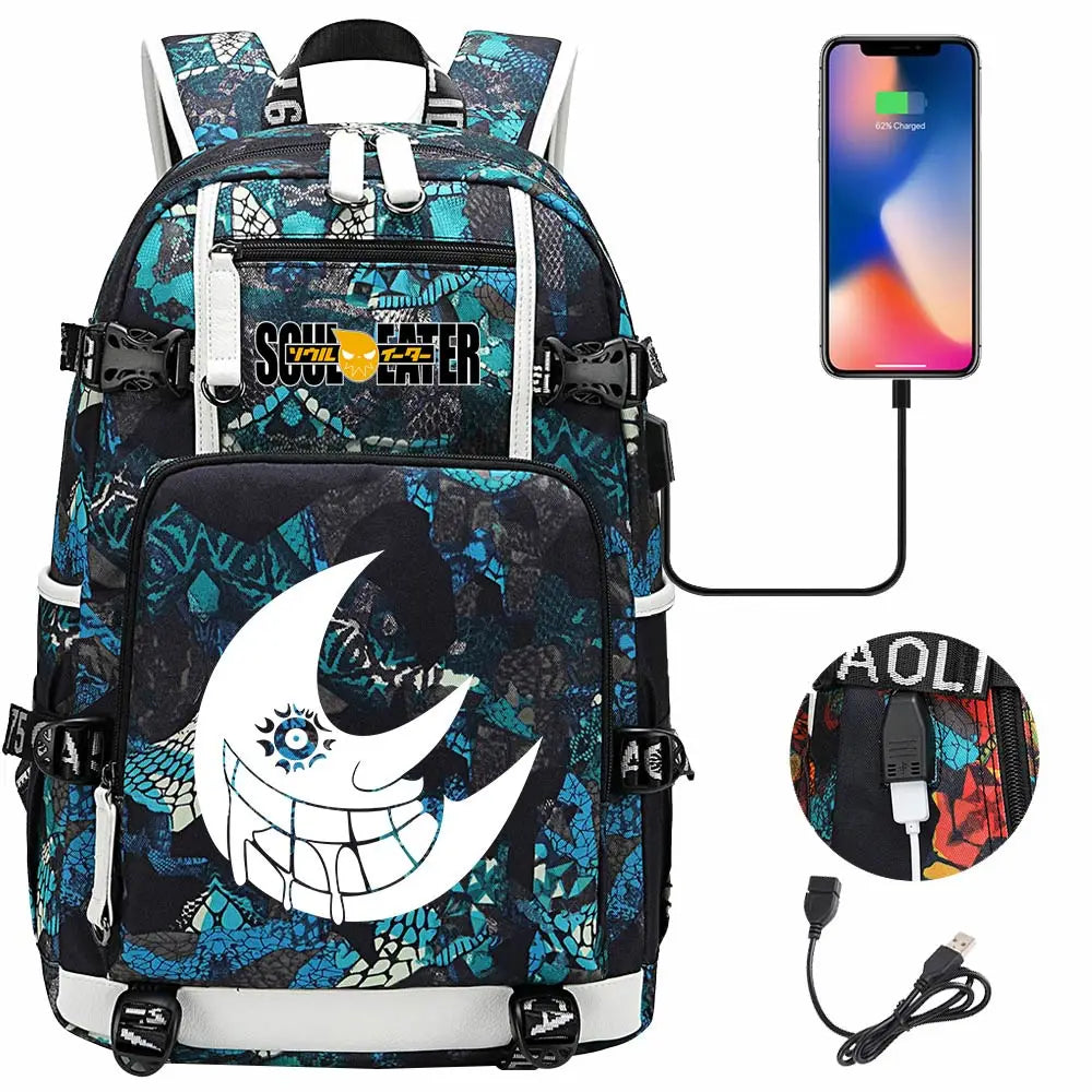 New Anime Soul Eater USB Boy Girl Book School Bags Large Capacity Teenagers Schoolbags Women Men Travel Laptop Backpack